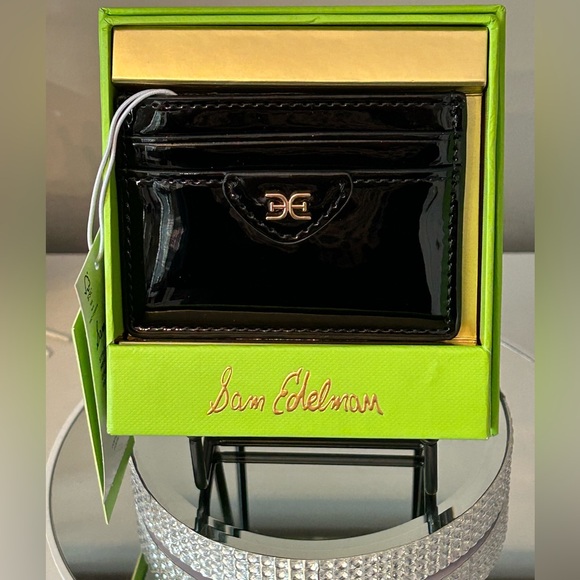 NIB! Sam Edelman Glossy Black Card Holder with Gold Tone Detail - Picture 8 of 9